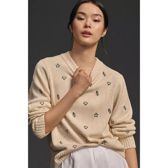 ENGLISH FACTORY Ivory Shell Embroidered Acrylic Crew Neck Sweater, Size XS - Picture 2 of 12